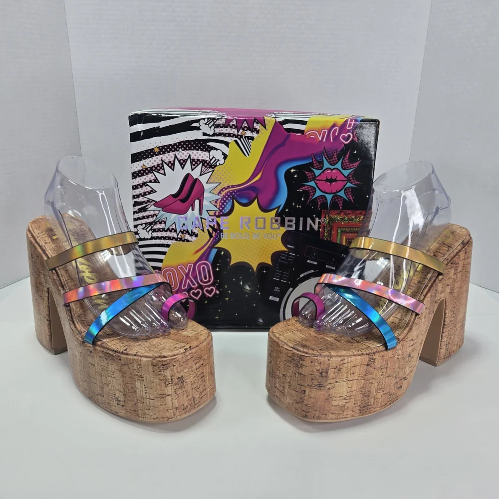 Cape Robbin Elci Platform Multi Iridescent Strappy Cork Heels Women's Size 10